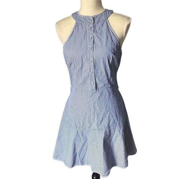 Parker Size 8 Halter Blue Striped Fit & Flare Cotton Above Knee Length Dress - Picture 3 of 7